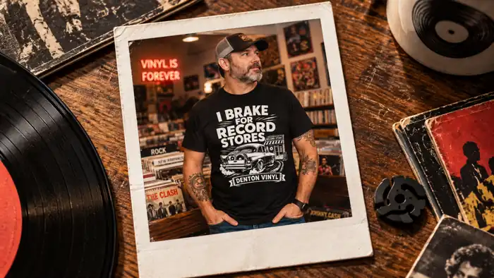 Denton Vinyl T-shirt on a Polaroid photograph laid on a record collector's table